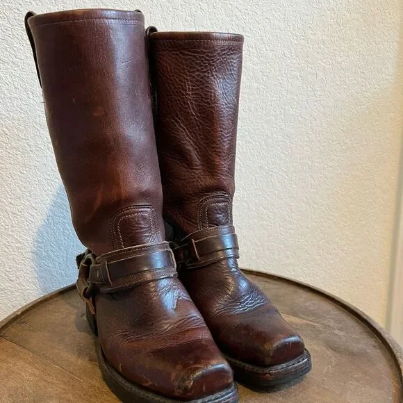 FRYE Harness Brown Leather Belted Square Toe Riding Boots Women's Size 6 - Picture 6 of 16